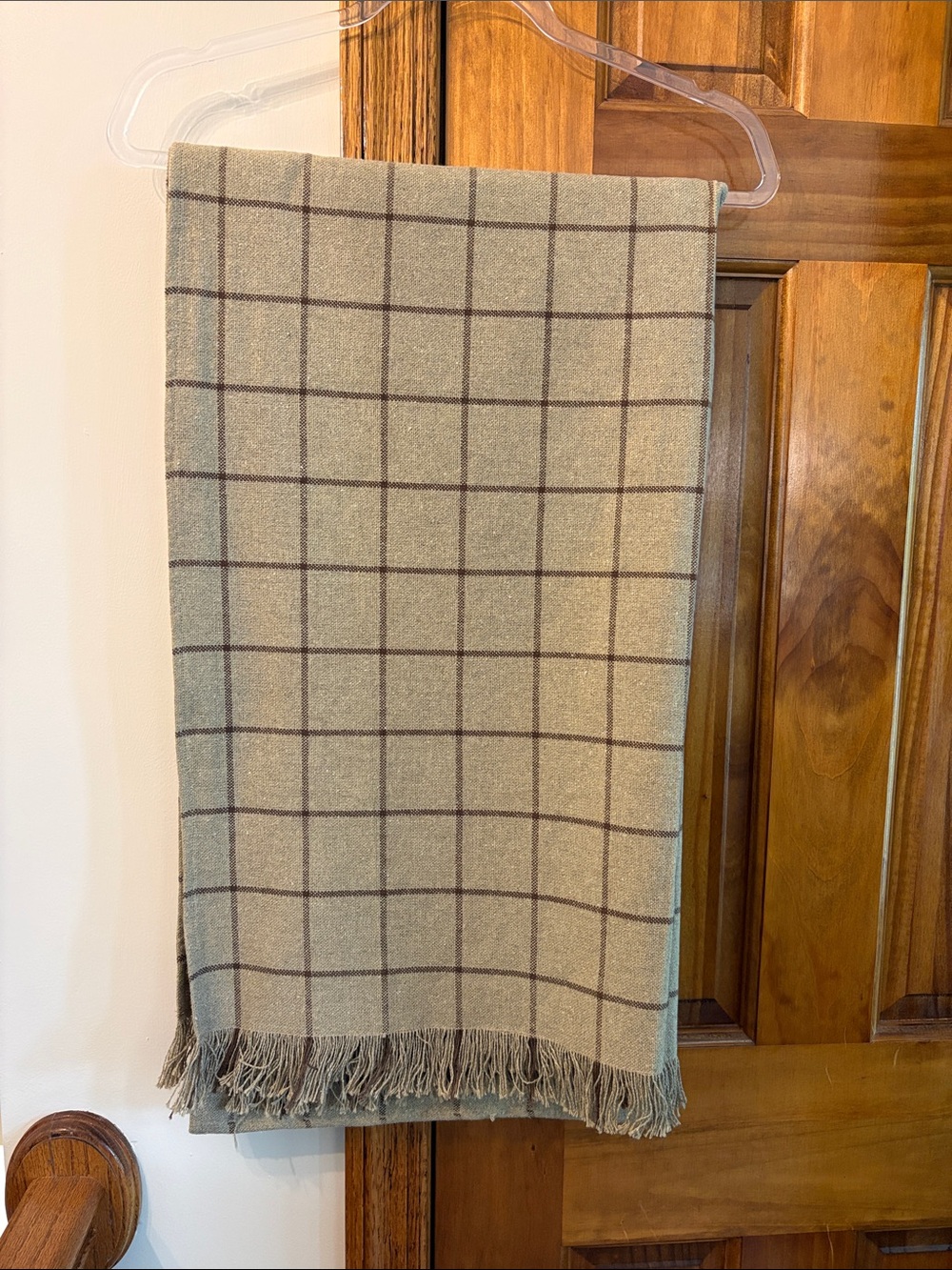 Plaid Windowpane Fringe Table Runner in Tan